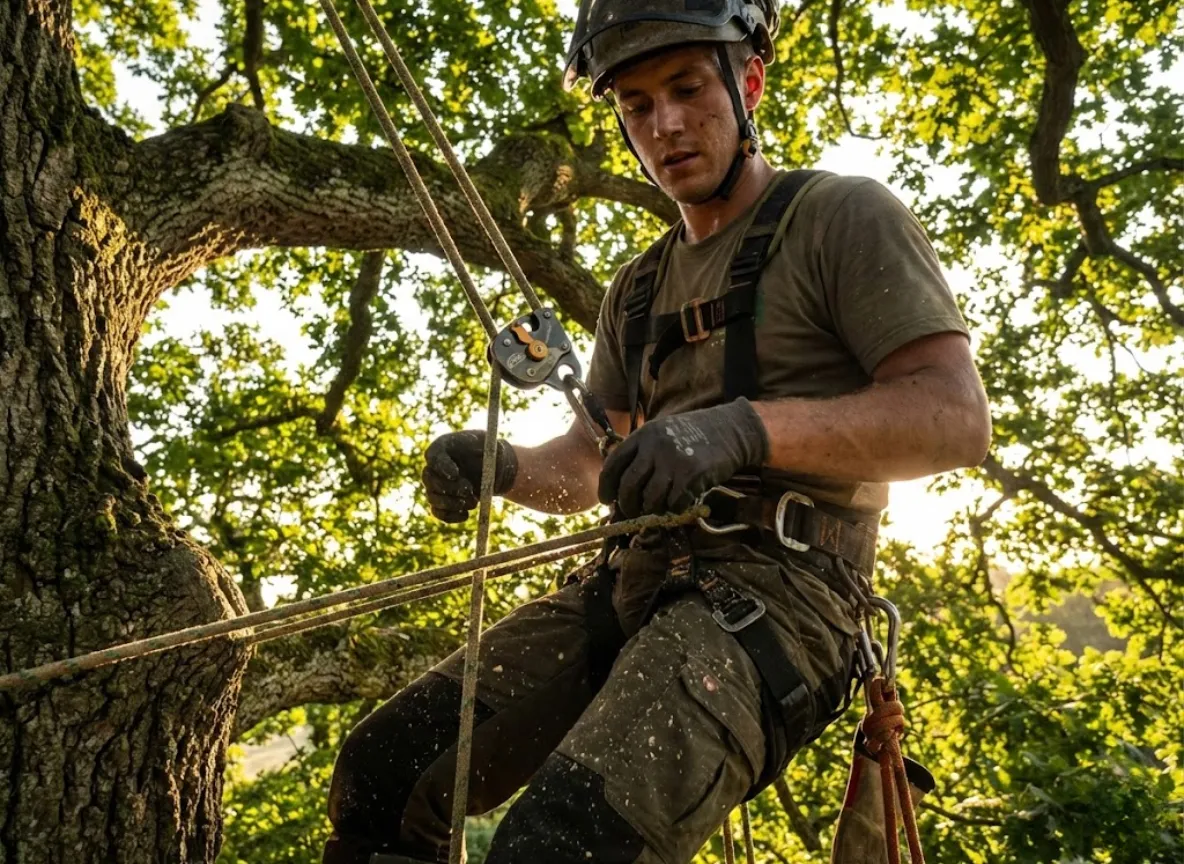Licensed arborist with professional safety gear and tree cutting equipment - Tree Network certified team